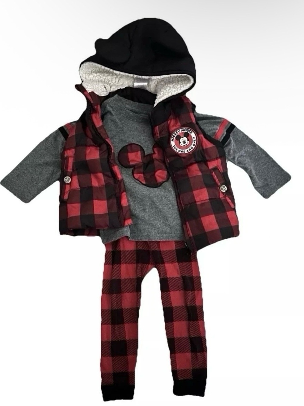 Buffalo Plaid Mickey Mouse Outfit Vest Long Sleeve Shirt Vest Size 2T Disney